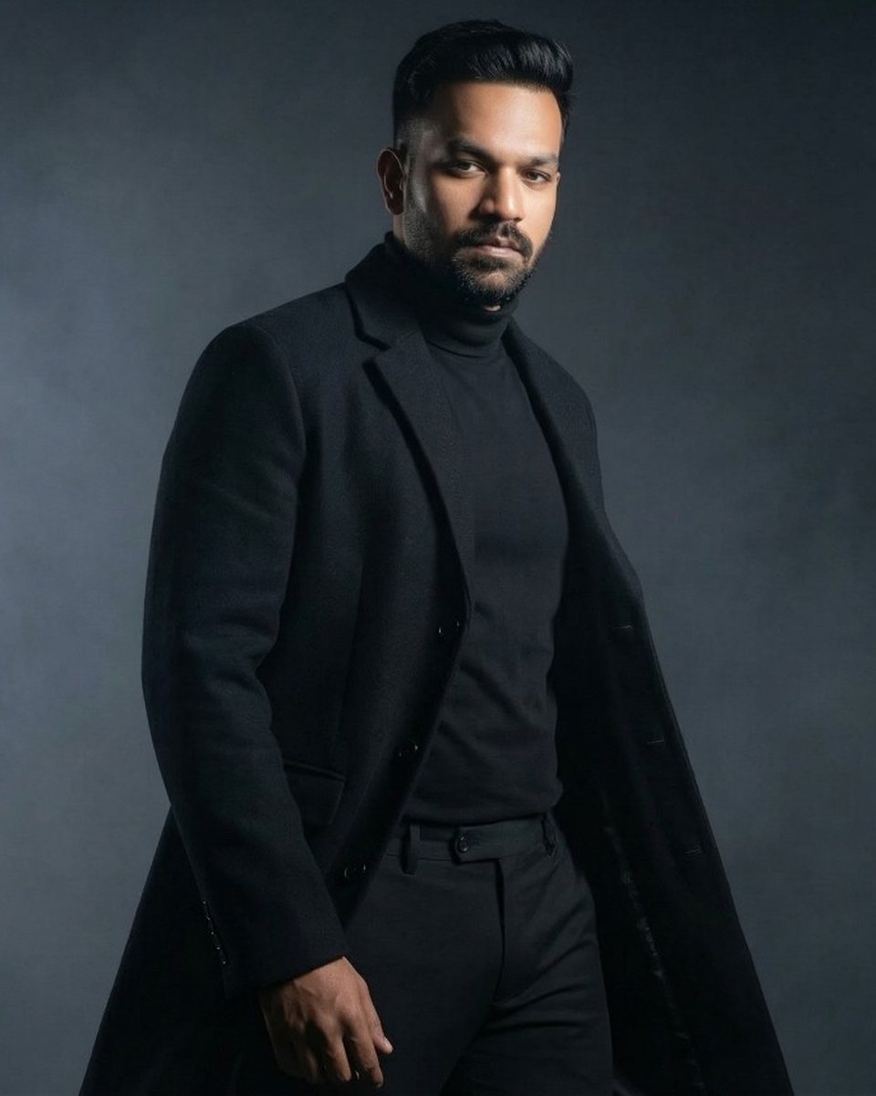 Full-length shot of VinCrux in a long black coat against a smoky backdrop
